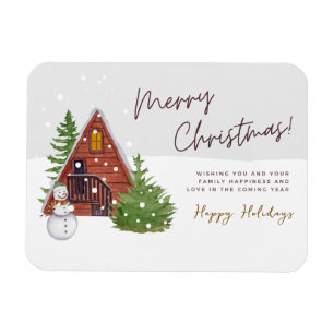 Knus winterchalet & Sneeuwman Watercolor Kerstmi Magneet