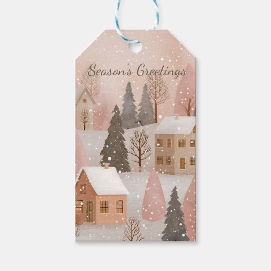 Knus Winterdorp Blush Roze Kerstmis Cadeaulabel (Voorkant)