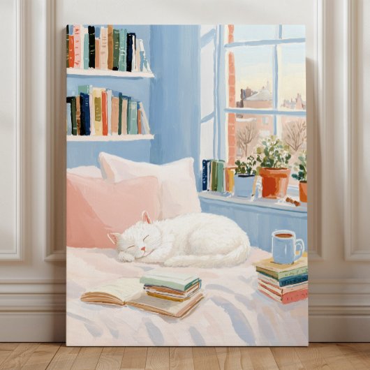 Knus Witte Kat Leeszone Kunstprint Canvas Afdruk