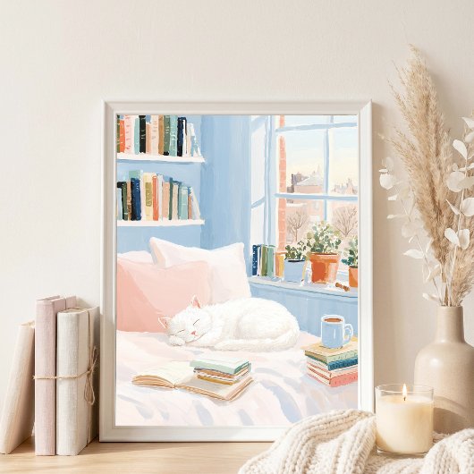 Knus Witte Kat Leeszone Kunstprint Poster