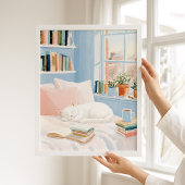 Knus Witte Kat Leeszone Kunstprint Poster