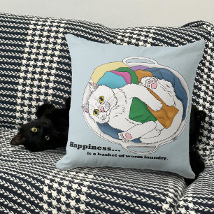 Knus Witte Kat Wasmand Grappig Blauw Kussen
