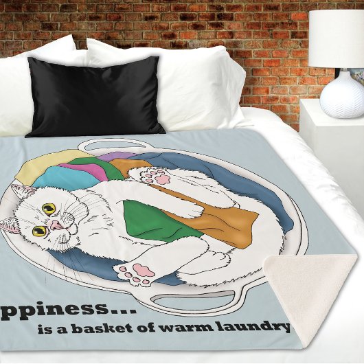Knus Witte Kat Wasmand Grappig Blauw Sherpa Deken
