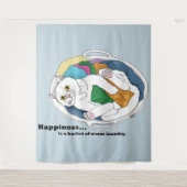 Knus Witte Kat Wasmand Grappig Blauw Wandkleed (Voorkant)