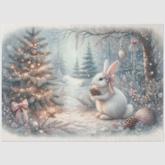 Knus Witte Konijn Kerstmis Bos Decoupage  Tissuepapier (Voorkant)