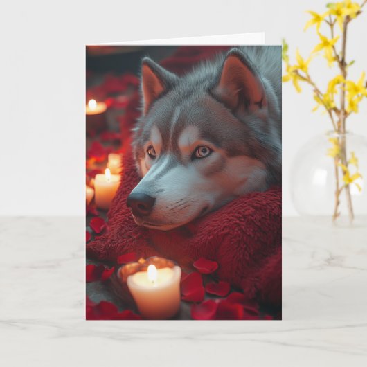 Knusge Sibeerese Husky Valentijnsdag Kaart (Gele Bloem)