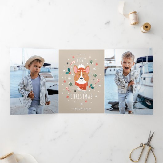 Knusje Corgi - Kerstwarmte Drieluik Wenskaart (Binnen)