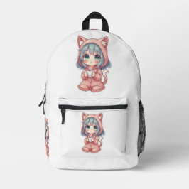 Knusper Kawaii Anime Meisje met Kat Hoodie – Warme Bedrukte Rugzak