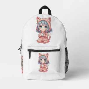 Knusper Kawaii Anime Meisje met Kat Hoodie – Warme Bedrukte Rugzak