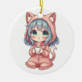 Knusper Kawaii Anime Meisje met Kat Hoodie – Warme Keramisch Ornament