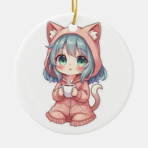 Knusper Kawaii Anime Meisje met Kat Hoodie – Warme Keramisch Ornament