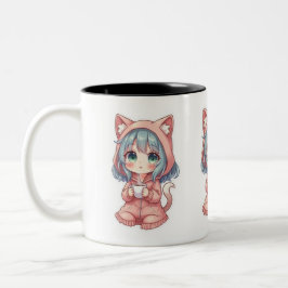 Knusper Kawaii Anime Meisje met Kat Hoodie – Warme Tweekleurige Koffiemok