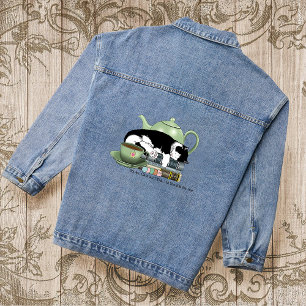Knusse Boeken Kat Smoking Theekopje Schattig Groen Denim Jacket