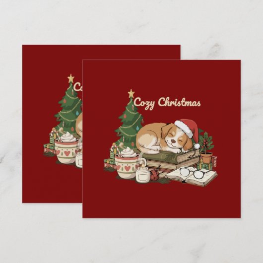 Knusse Kerst Slapende Hond & Boeken Retro Feestdagenkaart (Voorkant / Achterkant)