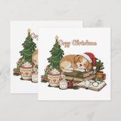 Knusse Kerst Slapende Hond & Boeken Retro Stijl Feestdagenkaart (Voorkant / Achterkant)