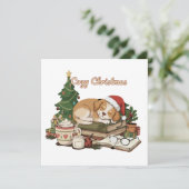 Knusse Kerst Slapende Hond & Boeken Retro Stijl Feestdagenkaart (Staand voorkant)