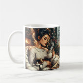 knusse scene | Vrouw Drink cacao met kat Koffiemok (Links)