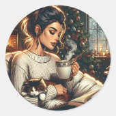 knusse scene | Vrouw Drink cacao met kat Ronde Sticker (Voorkant)