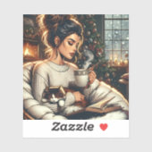 knusse scene | Vrouw Drink cacao met kat Sticker (Vel)
