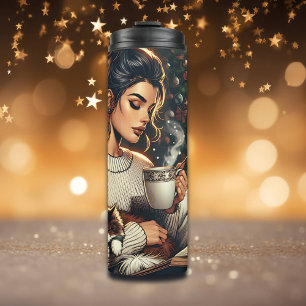 knusse scene   Vrouw Drink cacao met kat Thermosbeker