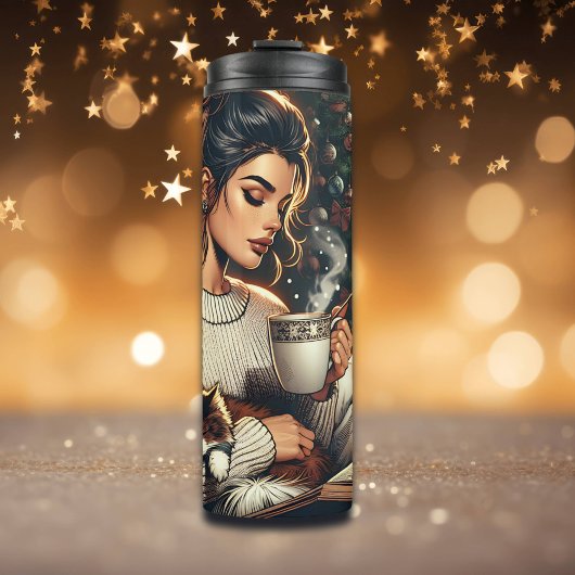 knusse scene | Vrouw Drink cacao met kat Thermosbeker