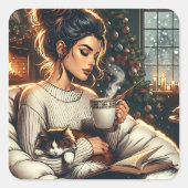 knusse scene | Vrouw Drink cacao met kat Vierkante Sticker (Voorkant)