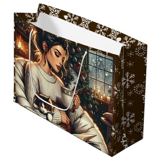 knusse scene | Vrouw Drink cacaokerst Groot Cadeauzakje (Voorkant Gekanteld)