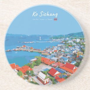 Ko Sichang, Thailand - Levendig Havenzicht Zandsteen Onderzetter