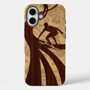 Koa Wood Surfer Faux Wood Surfboard iPhone 16 Plus Hoesje