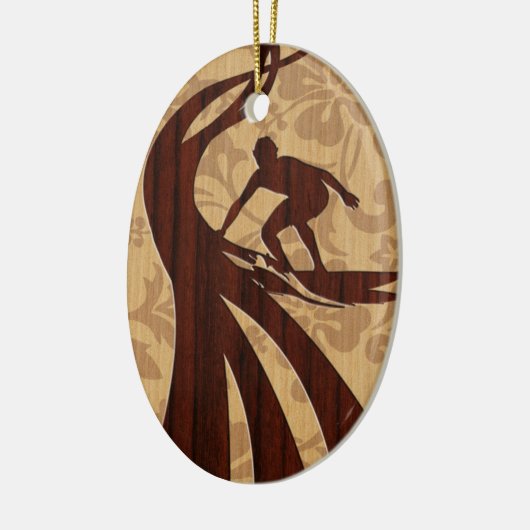 Koa Wood Surfer Surfboard Keramisch Ornament (Links)