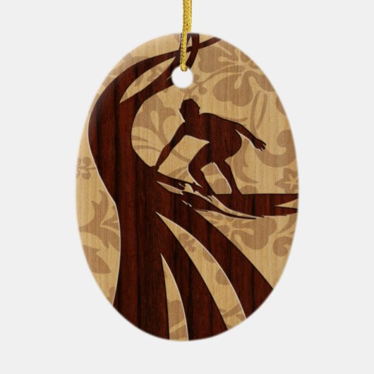 Koa Wood Surfer Surfboard Keramisch Ornament (Voorkant)