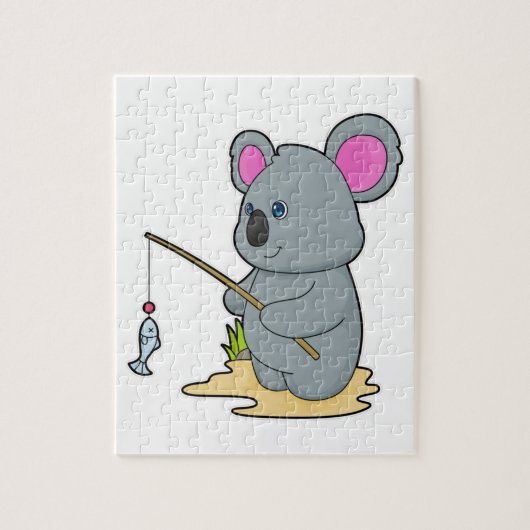 Koala als Fisher met Geviste staaf en vis Legpuzzel (Verticaal)