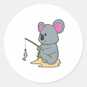 Koala als Fisher met Geviste staaf en vis Ronde Sticker