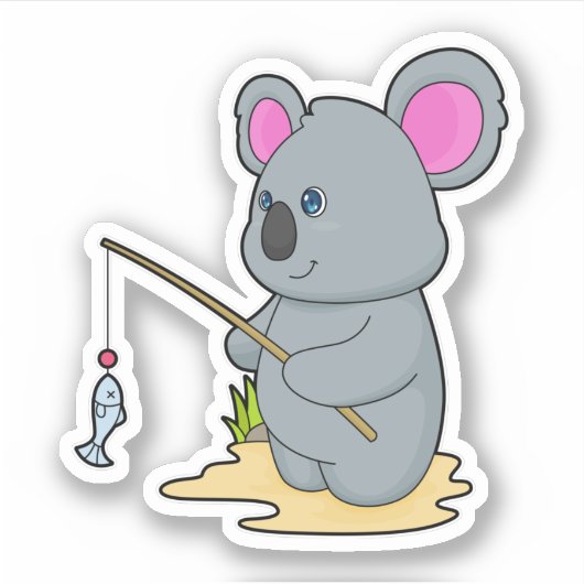 Koala als Fisher met Geviste staaf en vis Sticker (Voorkant)