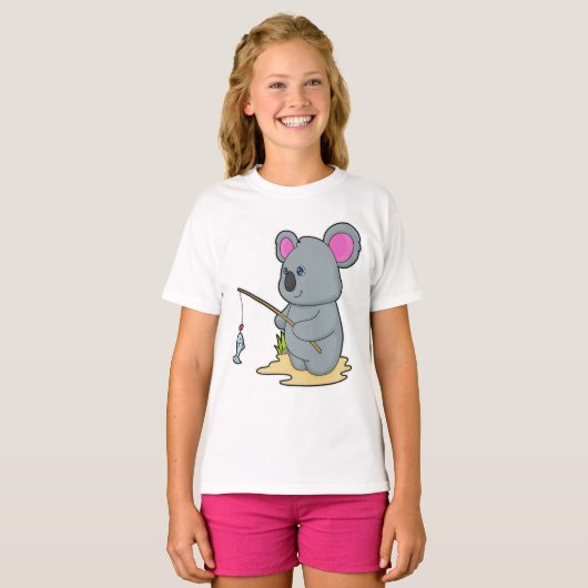 Koala als Fisher met Geviste staaf en vis T-shirt (Voorkant volledig)