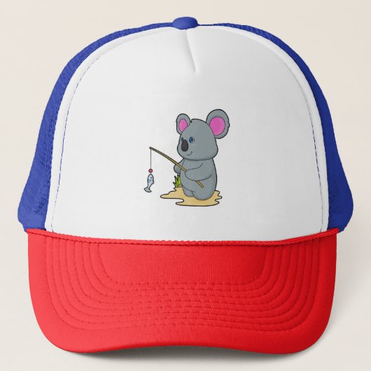 Koala als Fisher met Geviste staaf en vis Trucker Pet (Voorkant)
