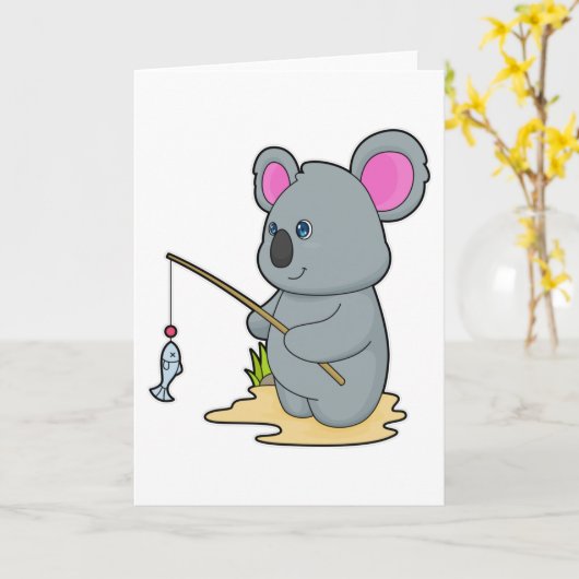 Koala als visser met hengel en vis kaart (Gele Bloem)