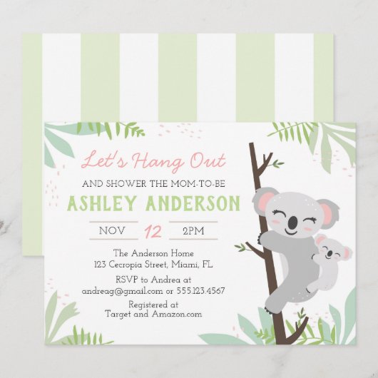 Koala Baby Girl Baby shower Uitnodiging (Voorkant / Achterkant)