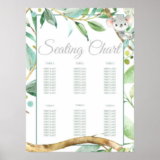 Koala Baby shower Birthday Party Seating Chart Poster (Voorkant)