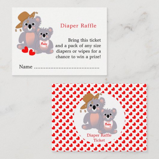 Koala Baby shower Schattige Luier Raffle Ticket Informatiekaartje (Voorkant / Achterkant)