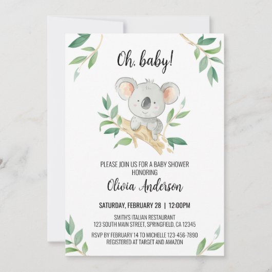 Koala Baby shower Uitnodiging, Waterverf Koala Kaart (Voorkant)