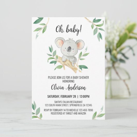 Koala Baby shower Uitnodiging, Waterverf Koala Kaart (Staand voorkant)