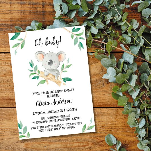 Koala babyshower uitnodiging, waterverf koala kaart