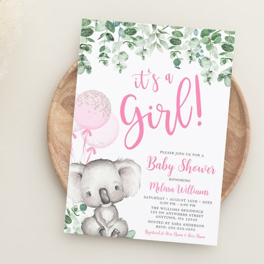 Koala Balloons Eucalyptus Girl Baby shower Kaart