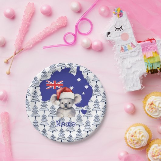 Koala Bear on Australia Flag and Christmas Tree Papieren Bordje (Feest)