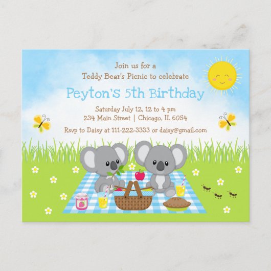 Koala Bear's Picknick Blauwe Gingham Verjaardag Briefkaart (Voorkant)