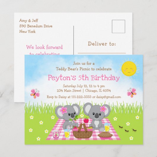 Koala Bear's Picknick Roze Gingham Verjaardag Briefkaart (Voorkant / Achterkant)