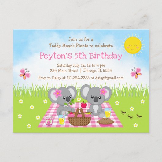 Koala Bear's Picknick Roze Gingham Verjaardag Briefkaart (Voorkant)