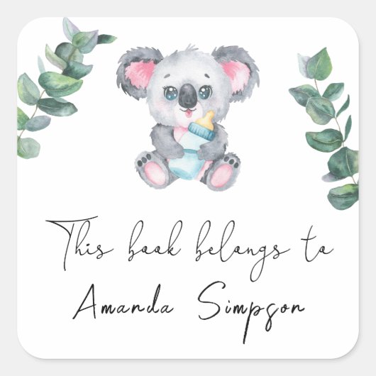 Koala Beer - Baby Shower ex-libris Vierkante Sticker (Voorkant)