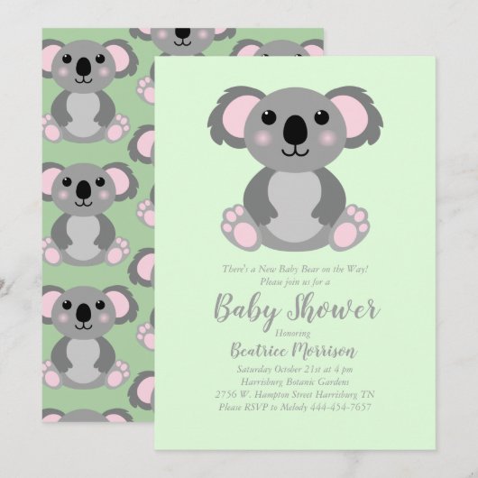 Koala Beer Baby shower Groene Genderneutraliteit Kaart (Voorkant / Achterkant)